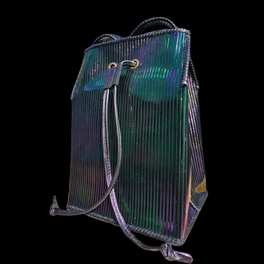 Handmade green leather bucket bag with striated metallic leather in shifting green and violet tones - AG Design, Arad, Romania