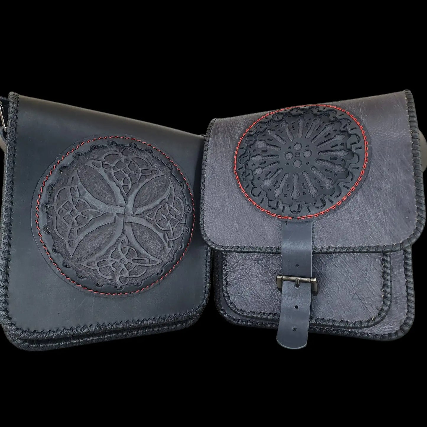 Handmade dark leather flap bag with an embossed sunburst - AG Design, Arad, Romania