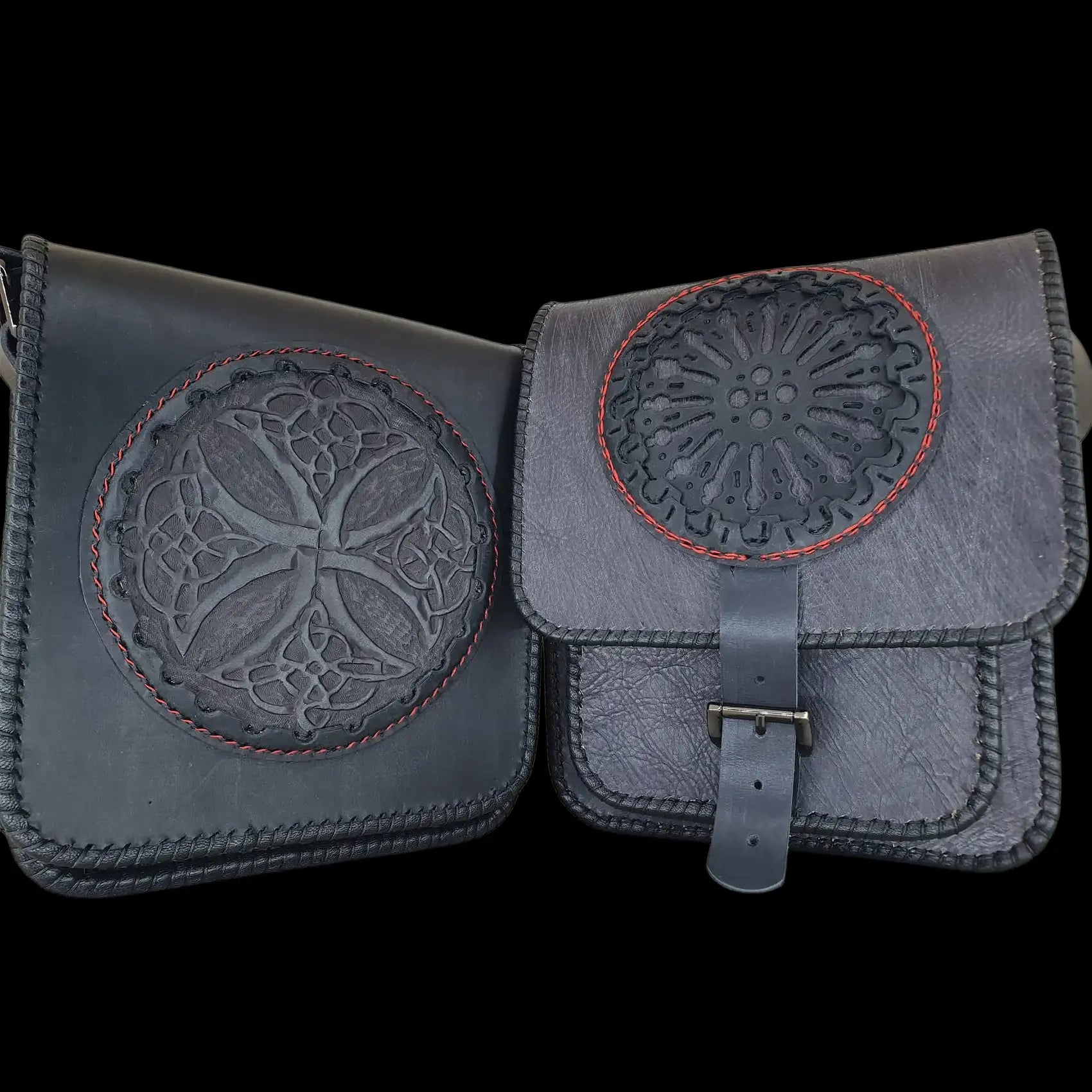 Handmade dark leather flap bag with an embossed sunburst - AG Design, Arad, Romania
