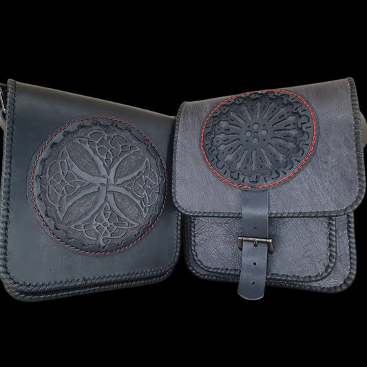 Handmade dark leather flap bag with an embossed sunburst - AG Design, Arad, Romania
