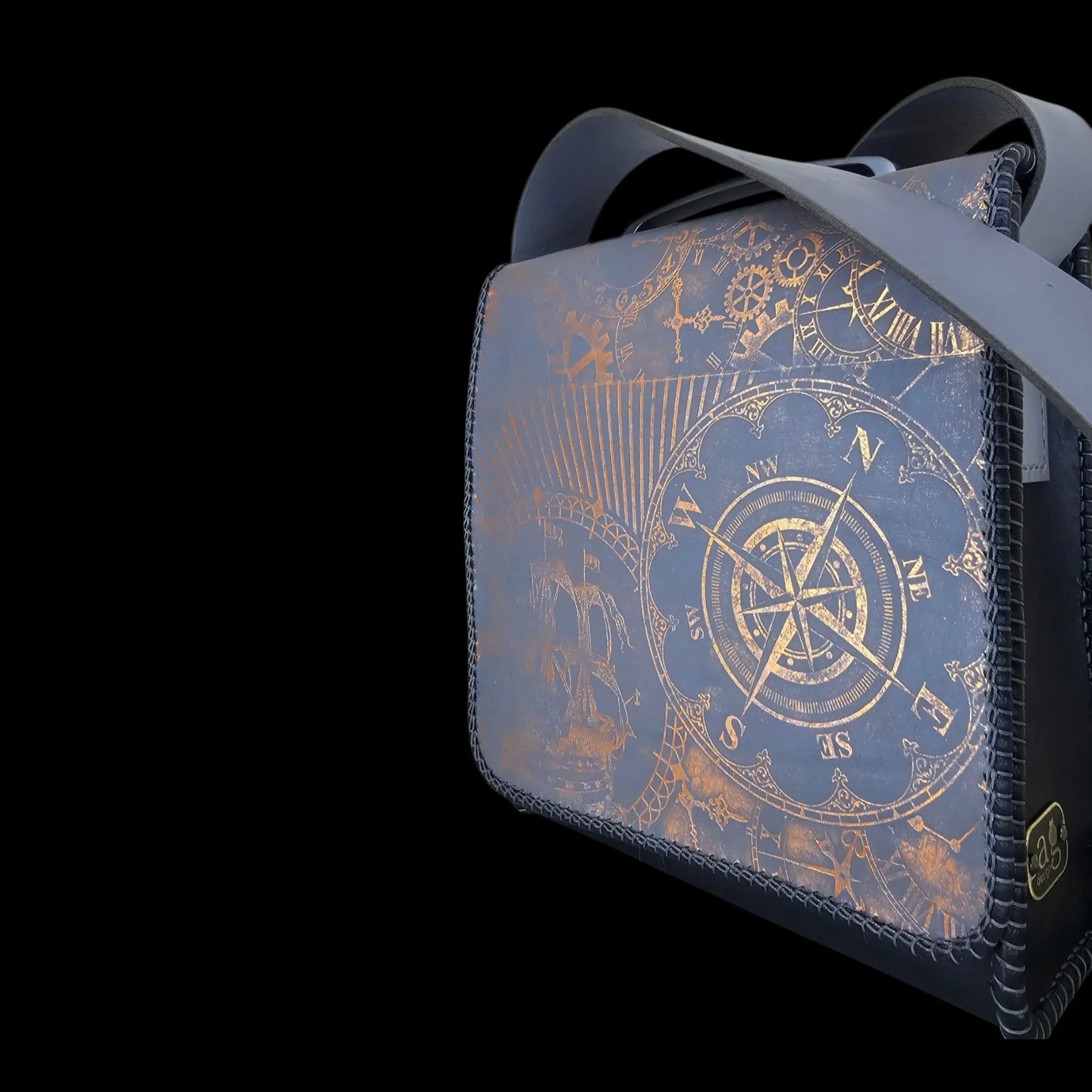 Handmade grey leather bag with a gold compass rose, clock face and sailing ships in a nautical chart design - AG Design, Arad, Romania