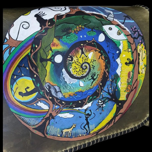 Handmade colourful round leather bag with a painted swirl design - AG Design, Arad, Romania