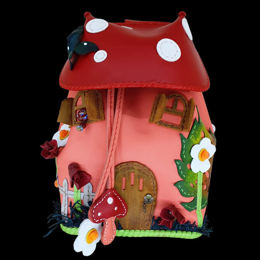 Handmade red leather bag shaped like a toadstool house - AG Design, Arad, Romania