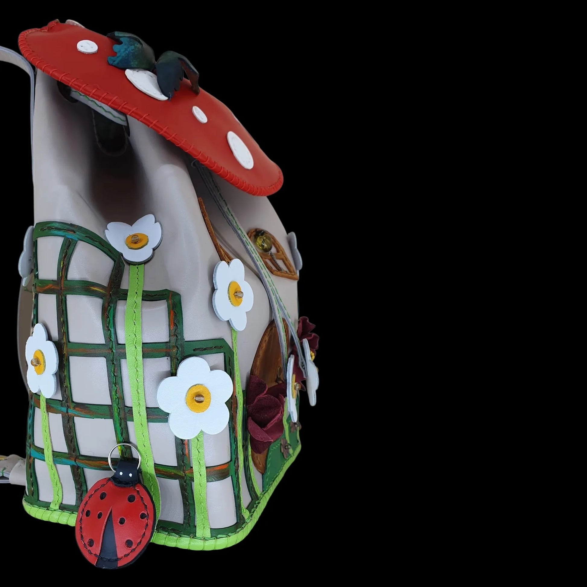 Handmade leather bag shaped like a toadstool house, mostly white - AG Design, Arad, Romania
