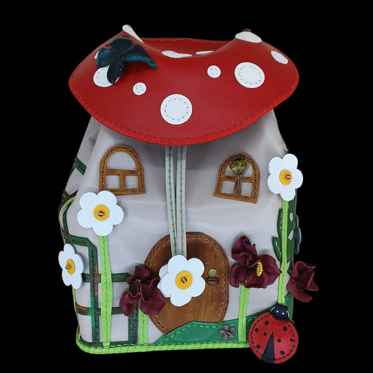 Handmade leather bag shaped like a toadstool house, mostly white (other angle) - AG Design, Arad, Romania