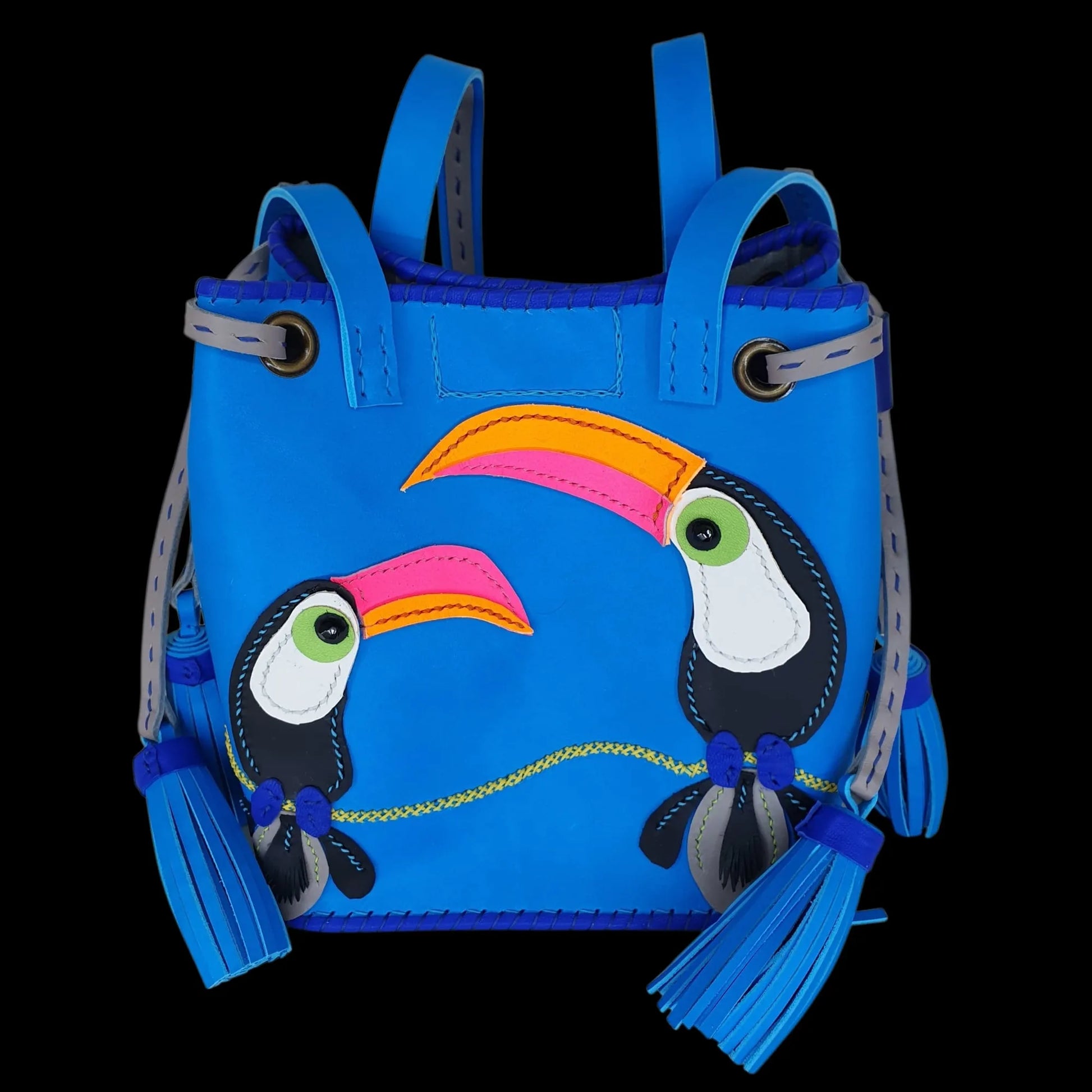 Handmade blue leather purse with two painted toucans - AG Design, Arad, Romania