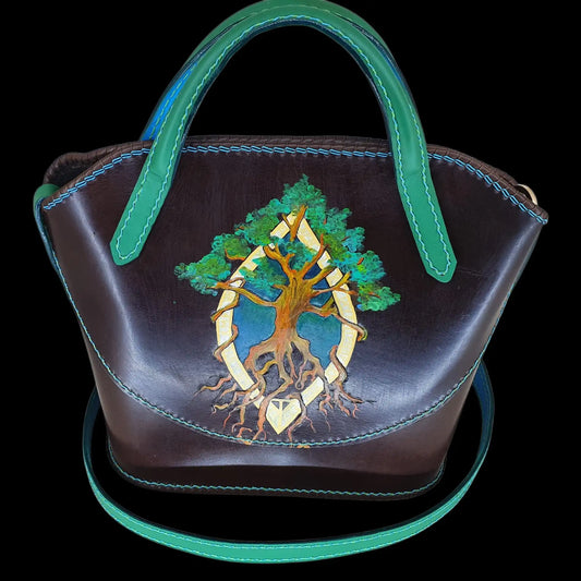 Handmade teal leather bag with a painted tree - AG Design, Arad, Romania