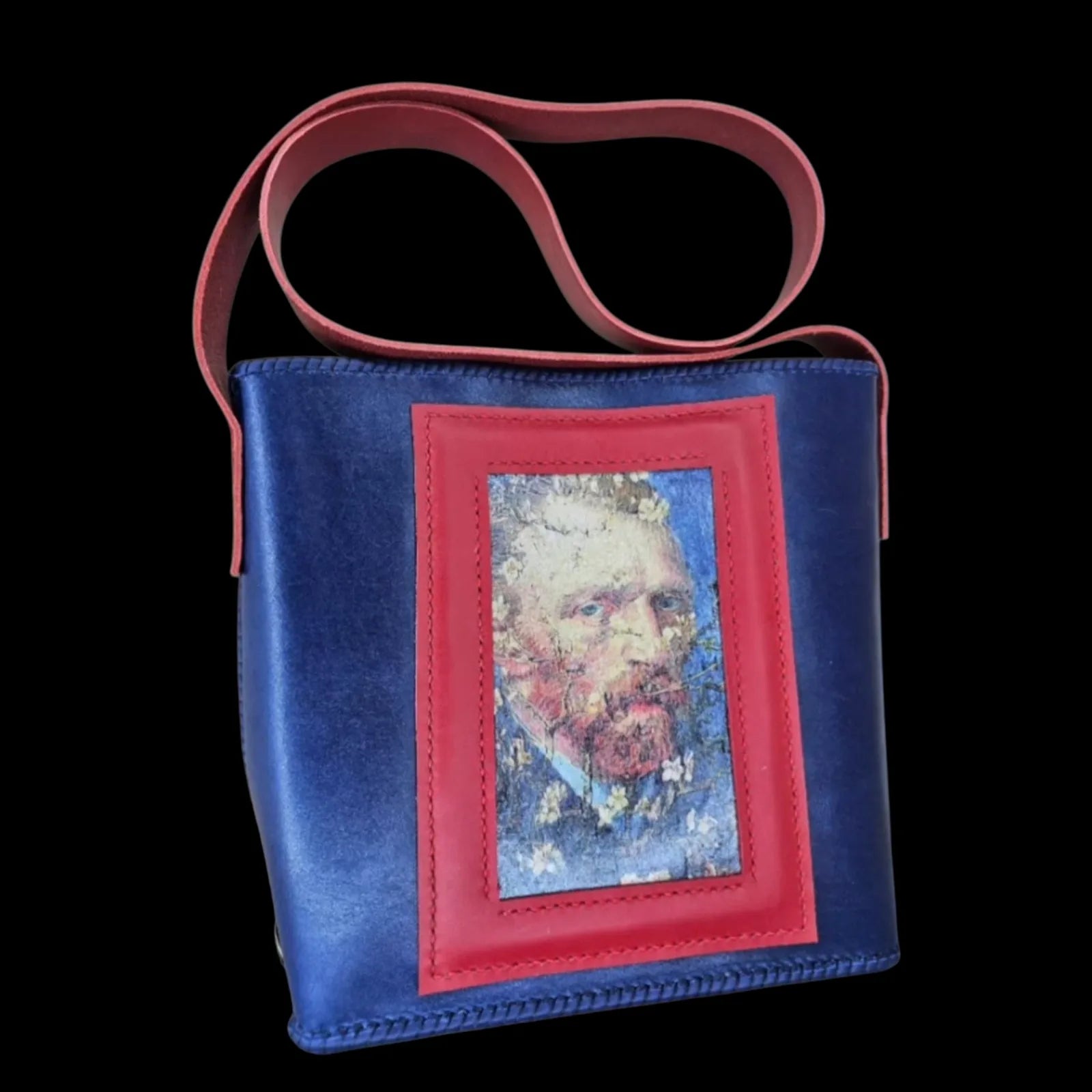 Handmade multicolour leather shoulder bag with a vibrant Van Gogh photo transfer - AG Design, Arad, Romania