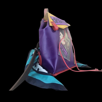 Handmade multicolour leather backpack with stitched Van Gogh patchwork in violet, yellow, orange and turquoise - AG Design, Arad, Romania
