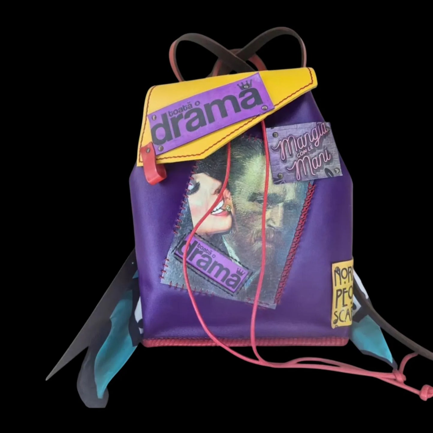 Handmade multicolour leather backpack with stitched Van Gogh patchwork in violet, yellow, orange and turquoise - AG Design, Arad, Romania