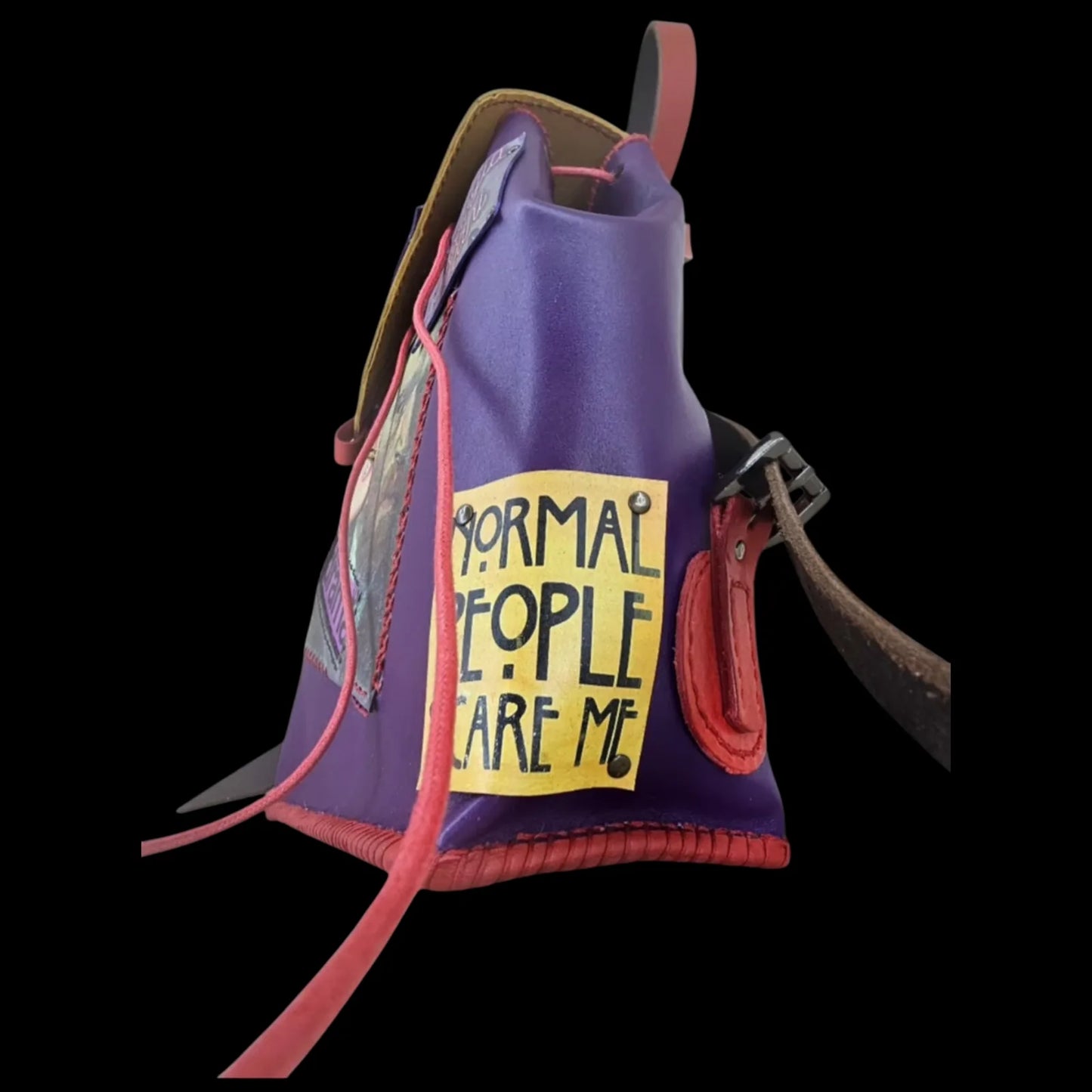 Handmade multicolour leather backpack with stitched Van Gogh patchwork in violet, yellow, orange and turquoise - AG Design, Arad, Romania