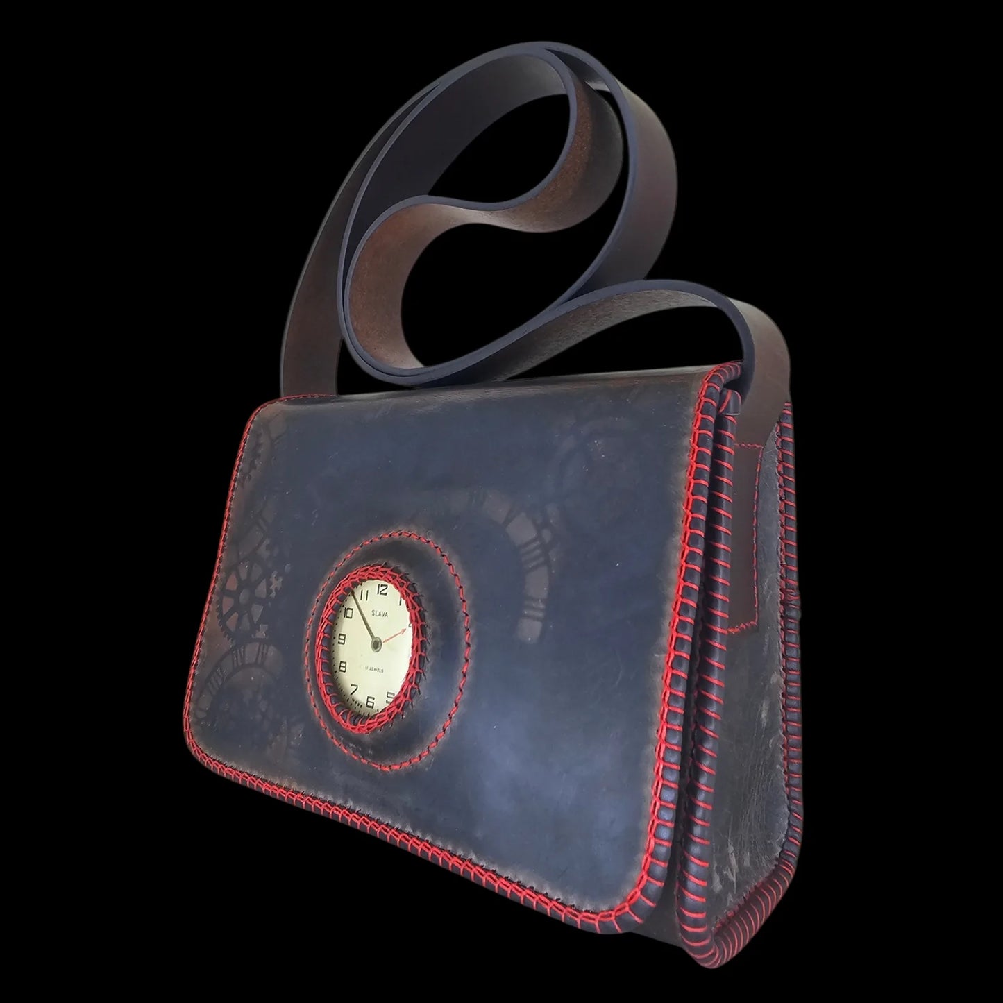 Handmade brown leather messenger bag with an authentic vintage Slava watch dial framed in red stitching - AG Design, Arad, Romania