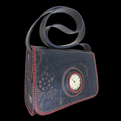 Handmade brown leather messenger bag with an authentic vintage Slava watch dial framed in red stitching - AG Design, Arad, Romania