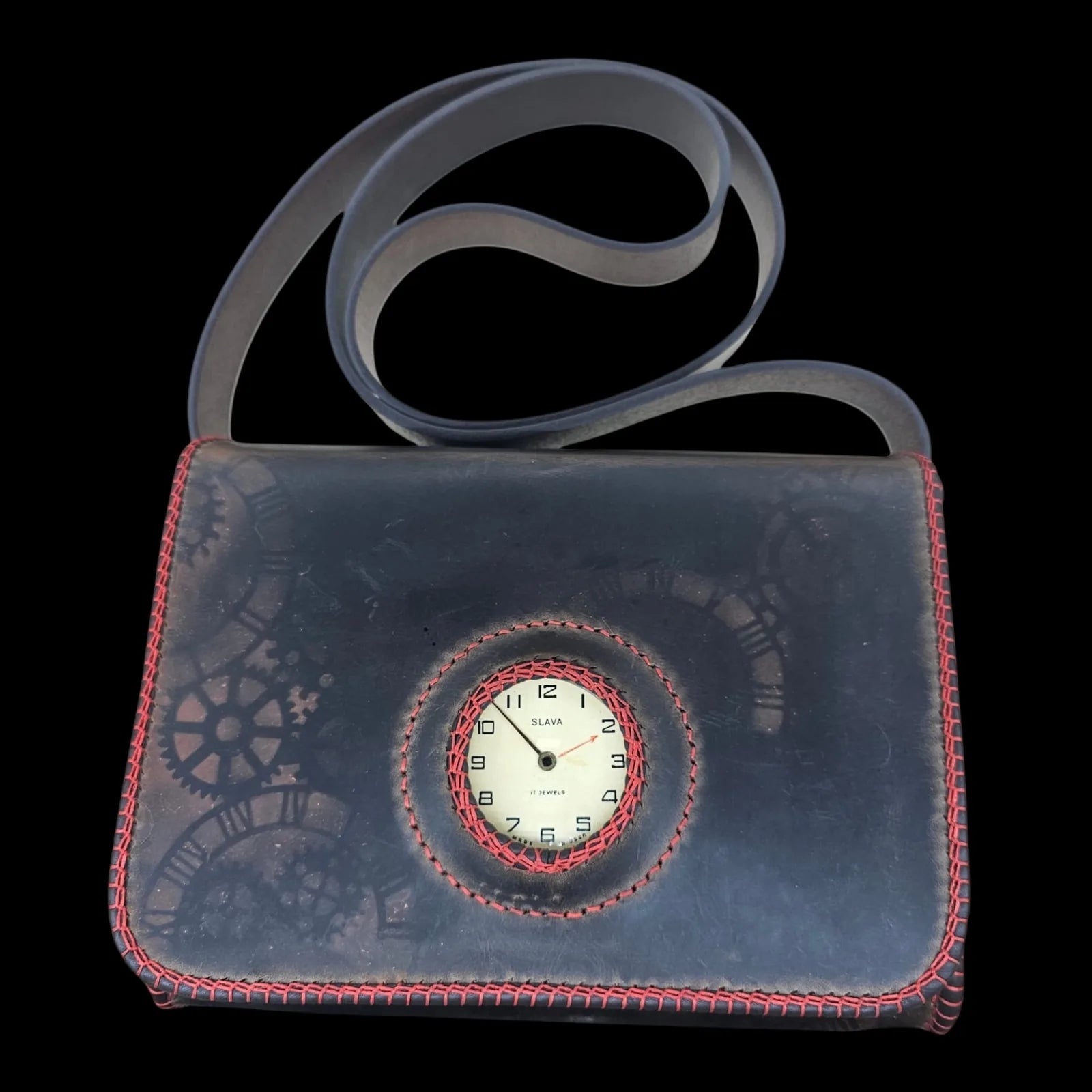 Handmade brown leather messenger bag with an authentic vintage Slava watch dial framed in red stitching - AG Design, Arad, Romania