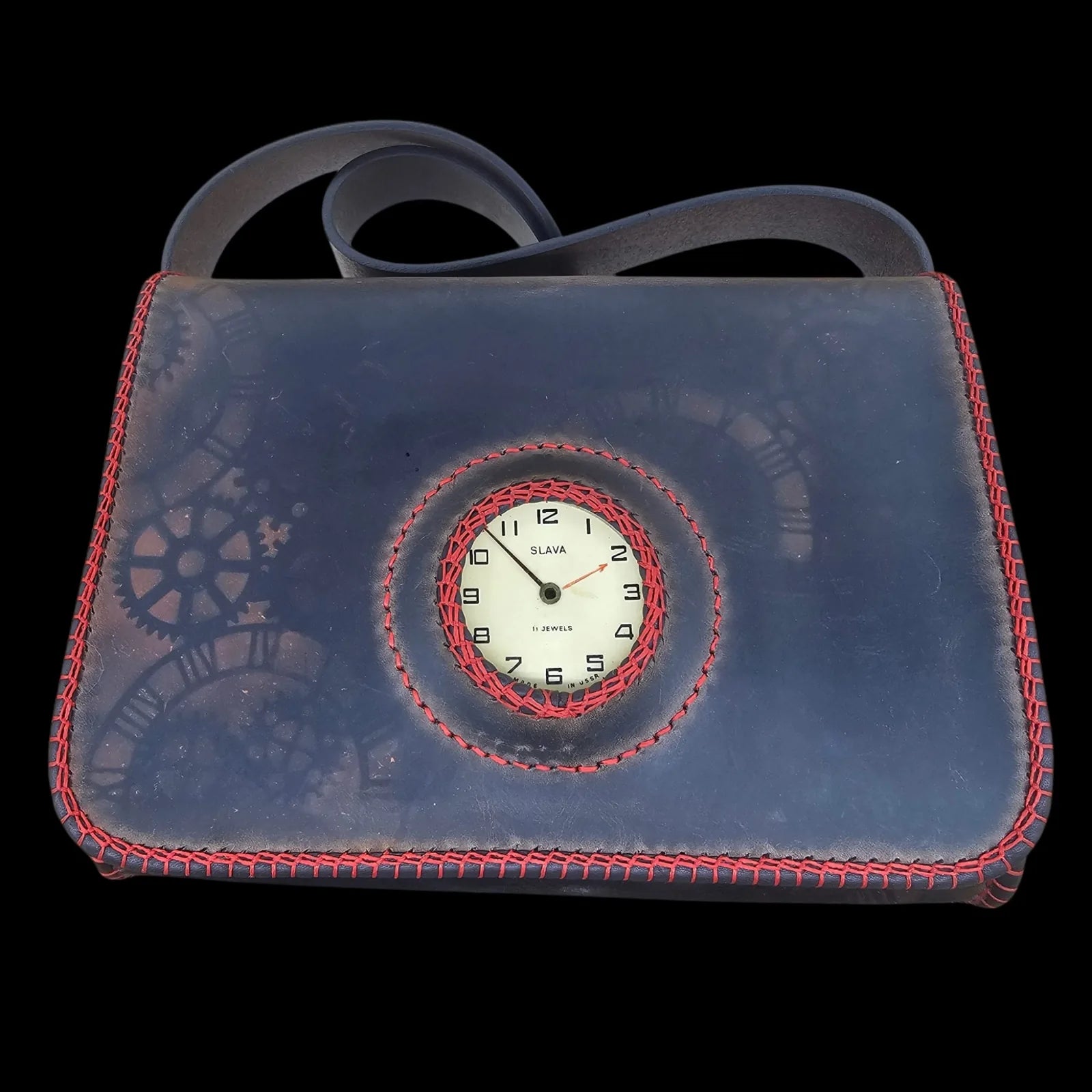 Handmade brown leather messenger bag with an authentic vintage Slava watch dial framed in red stitching - AG Design, Arad, Romania