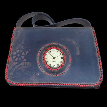 Handmade brown leather messenger bag with an authentic vintage Slava watch dial framed in red stitching - AG Design, Arad, Romania