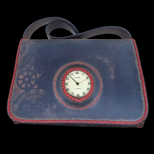 Handmade brown leather messenger bag with an authentic vintage Slava watch dial framed in red stitching - AG Design, Arad, Romania