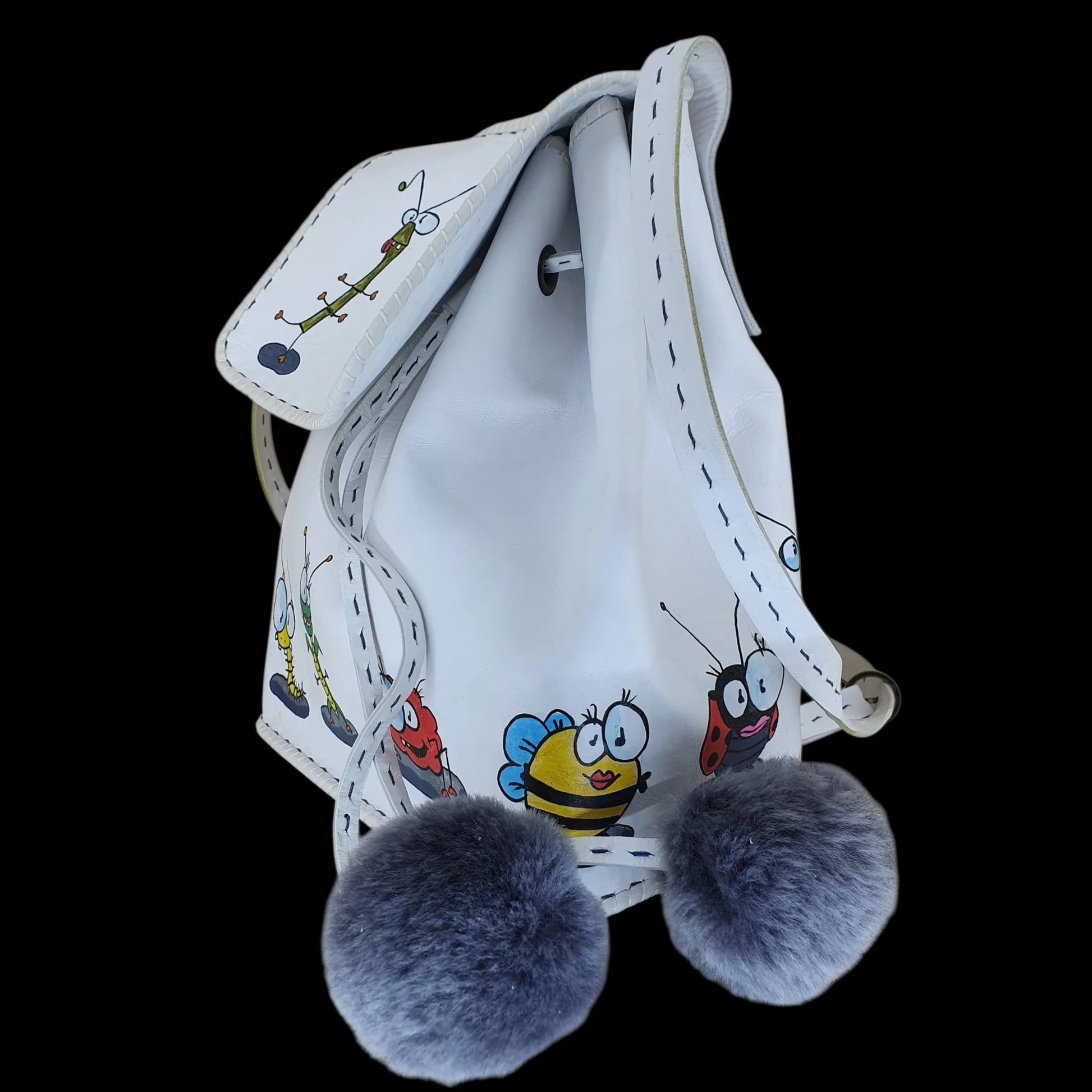 Handmade white leather bucket bag with pom-pom details - AG Design, Arad, Romania