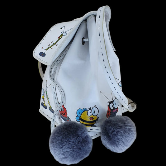 Handmade white leather bucket bag with pom-pom details - AG Design, Arad, Romania