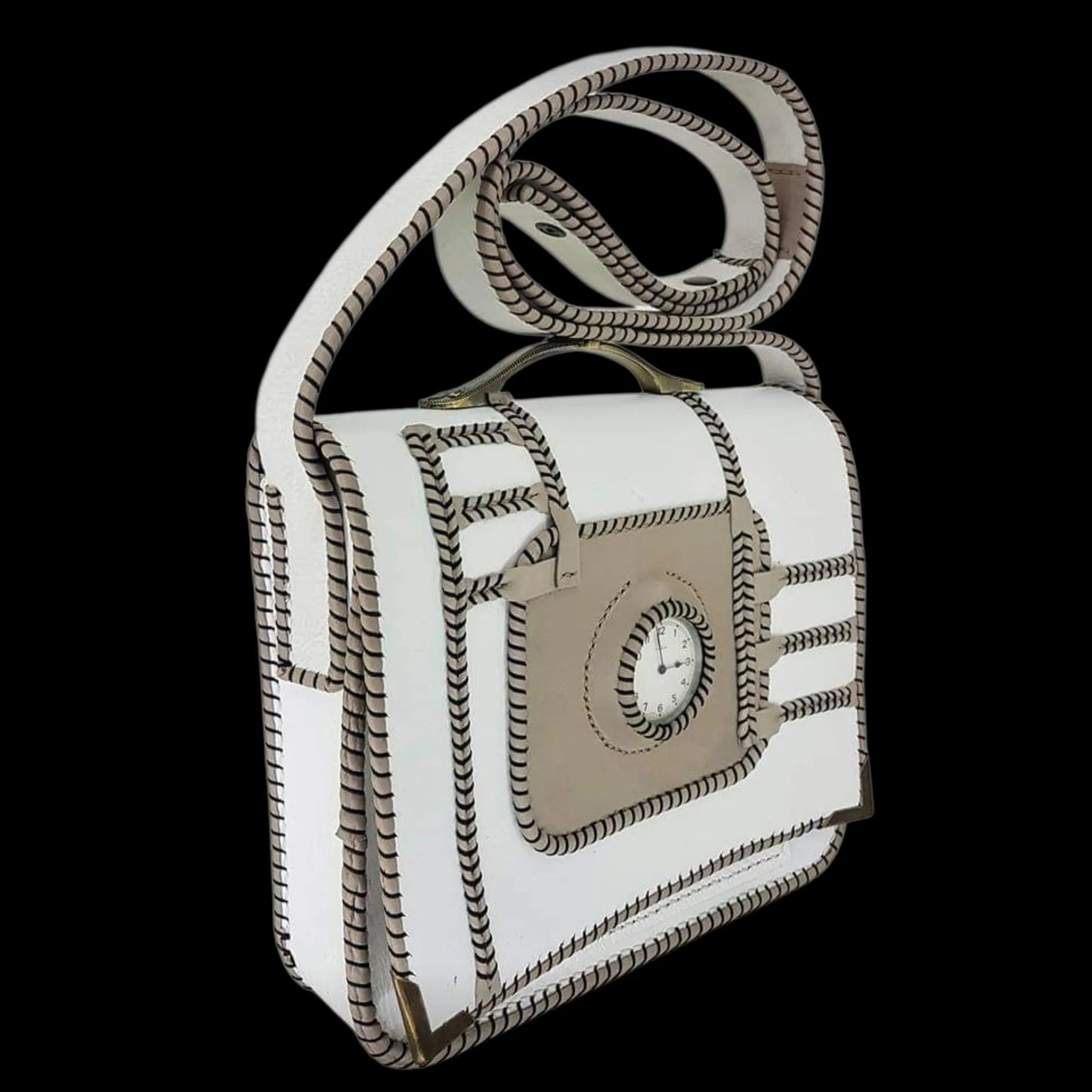 Handmade white leather bag with an embossed retro design - AG Design, Arad, Romania