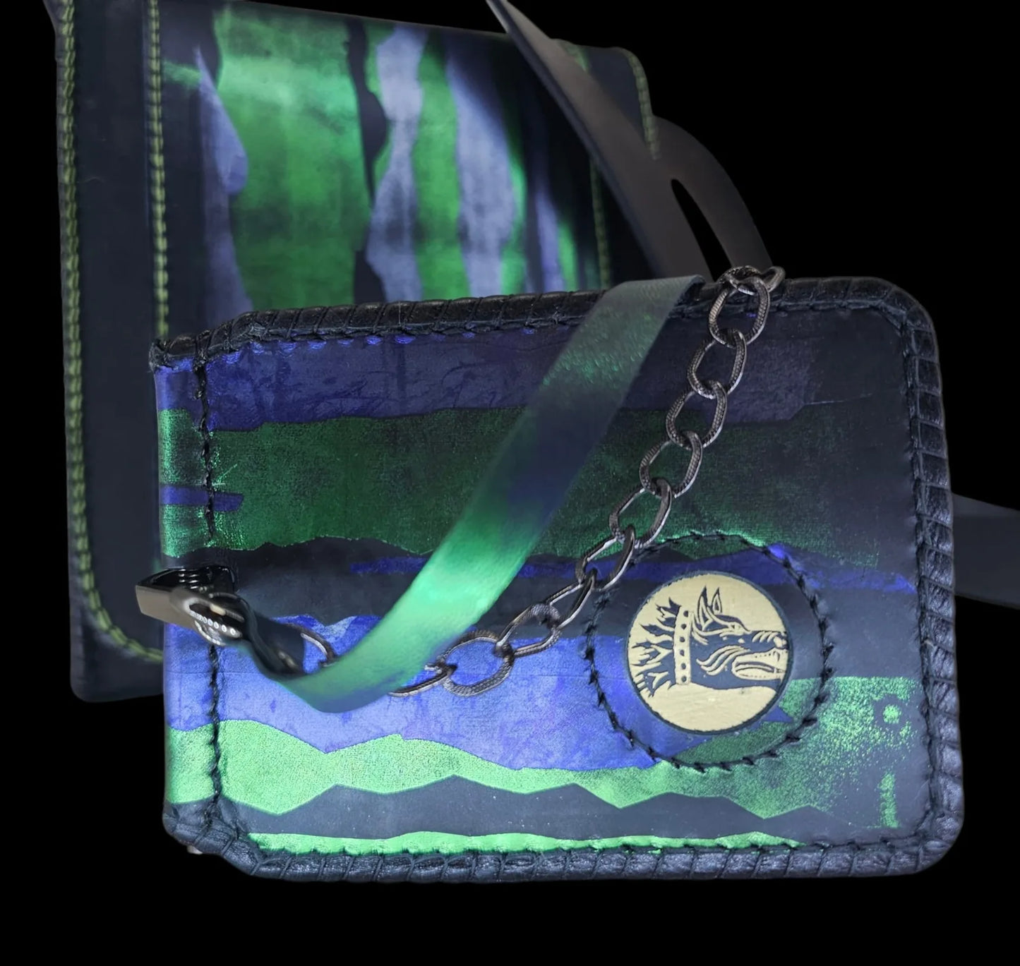 Handmade blue leather shoulder bag with a Dacian wolf seal in green, royal blue and black - AG Design, Arad, Romania