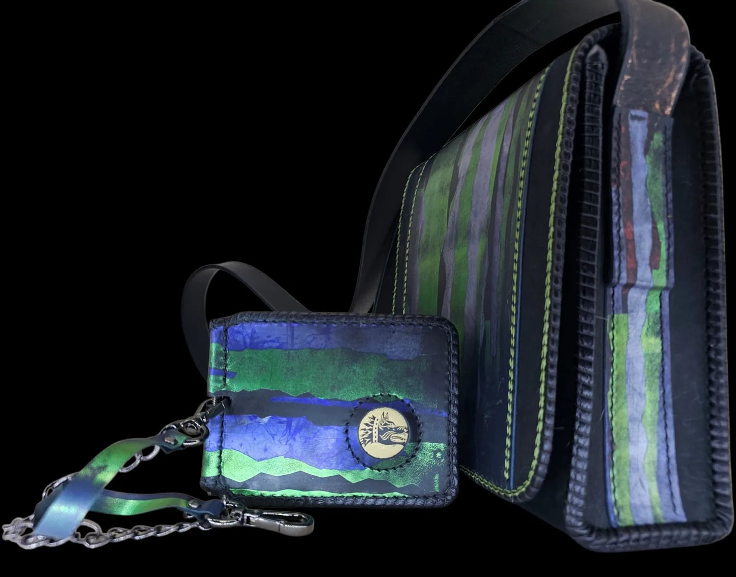 Handmade blue leather shoulder bag with a Dacian wolf seal in green, royal blue and black - AG Design, Arad, Romania