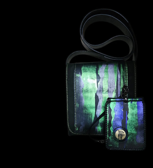 Handmade blue leather shoulder bag with a Dacian wolf seal in green, royal blue and black - AG Design, Arad, Romania