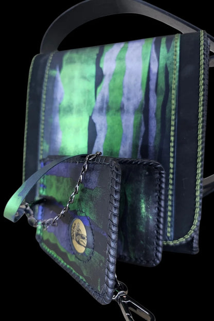 Handmade blue leather shoulder bag with a Dacian wolf seal in green, royal blue and black - AG Design, Arad, Romania