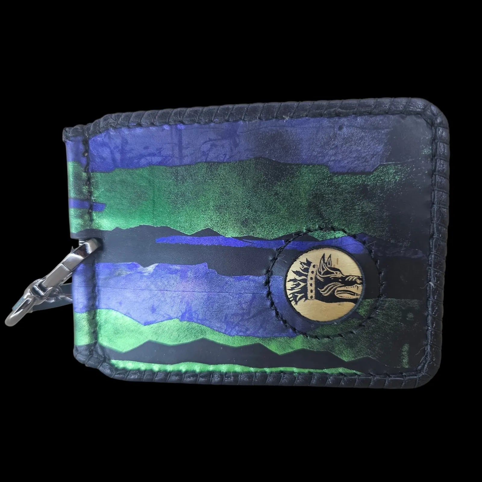 Handmade black leather wallet with an abstract green, royal-blue and black design with a central Dacian wolf seal - AG Design, Arad, Romania
