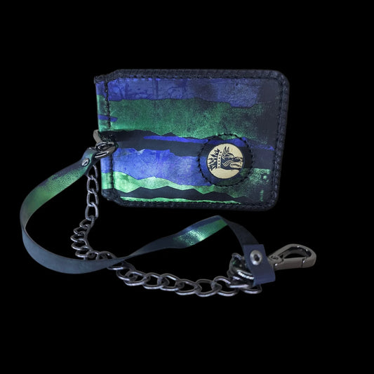 Handmade black leather wallet with an abstract green, royal-blue and black design with a central Dacian wolf seal - AG Design, Arad, Romania