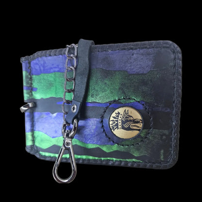 Handmade black leather wallet with an abstract green, royal-blue and black design with a central Dacian wolf seal - AG Design, Arad, Romania