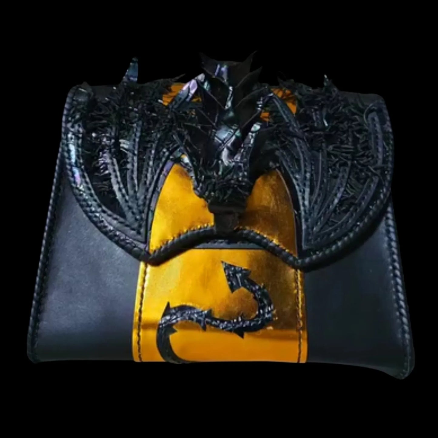 Handmade black leather bag with a sculpted black dragon over a metallic gold centre panel - AG Design, Arad, Romania