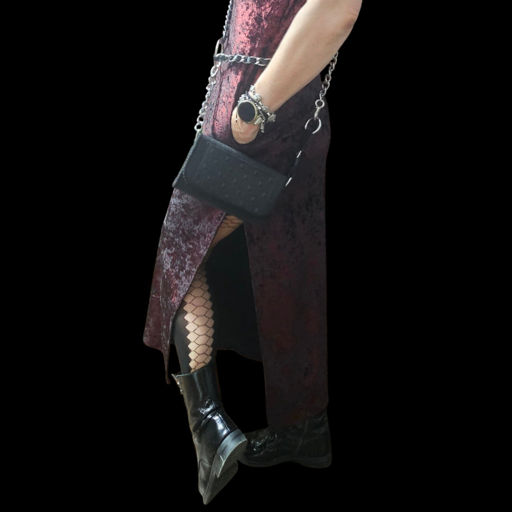 Handmade black leather belt bag with chain strap, worn over a long dress - AG Design, Arad, Romania