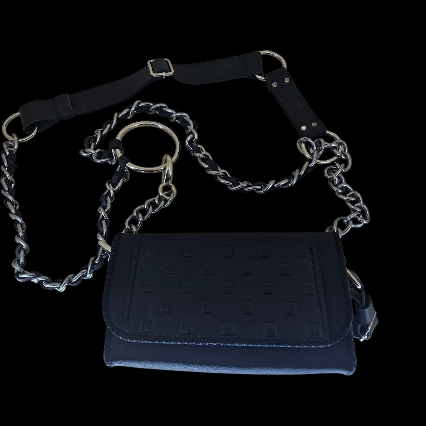 Handmade black leather belt bag with chain strap and leather belt, shown closed against black - AG Design, Arad, Romania