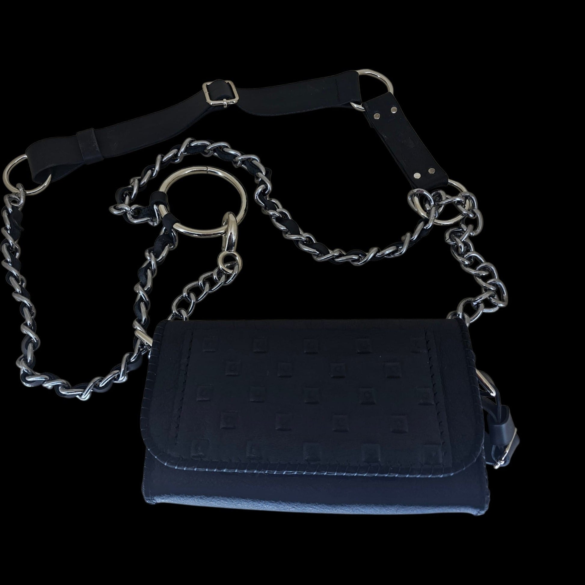 Handmade black leather belt bag with chain strap and leather belt, shown closed against black - AG Design, Arad, Romania