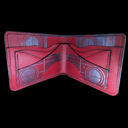 Handmade red leather wallet with Brâncuși Gate of the Kiss motif pressed into the leather — AG Design, Arad, Romania