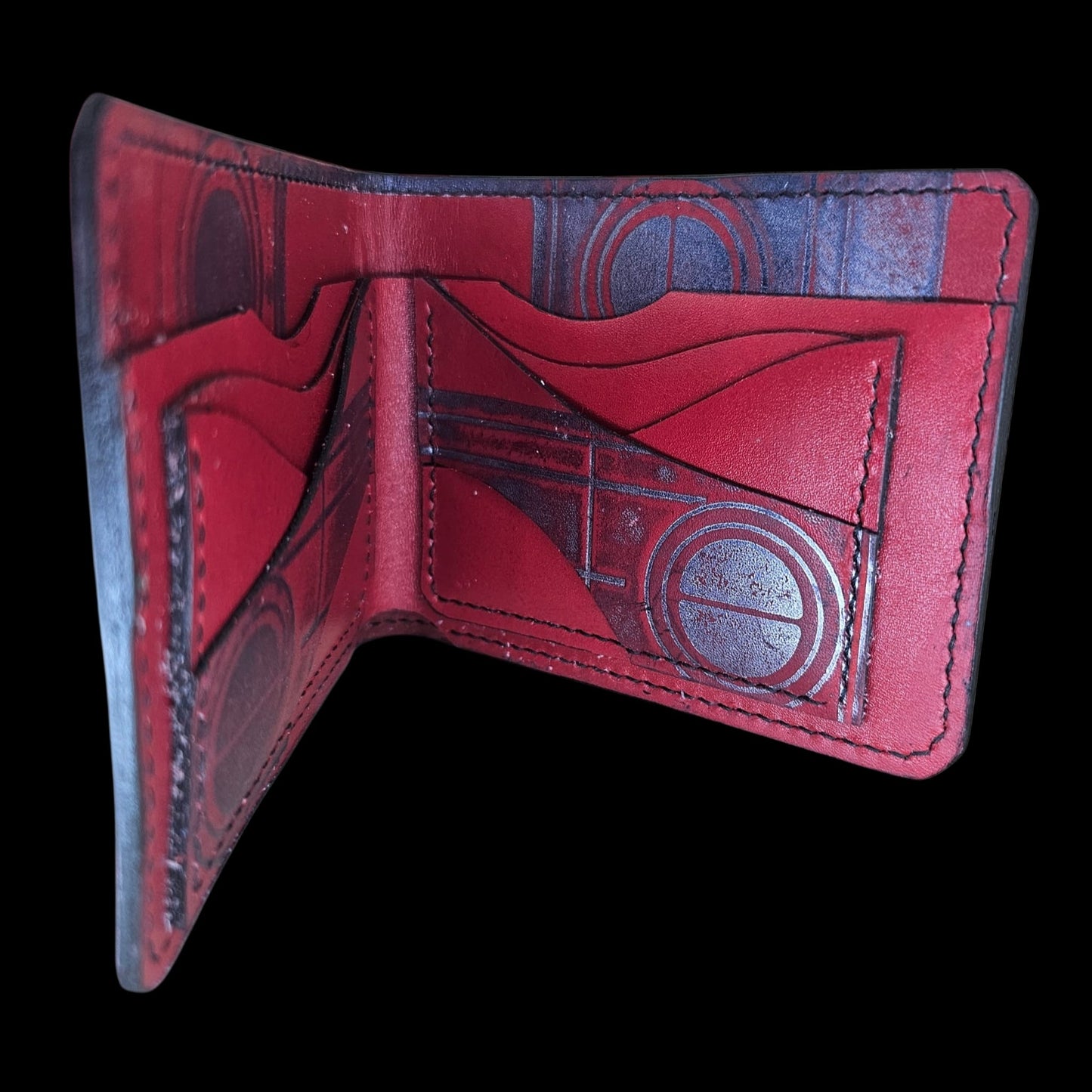 Red vegetable-tanned leather wallet, handmade, with Brâncuși’s Gate of the Kiss impressed in the leather — AG Design, Arad, Romania