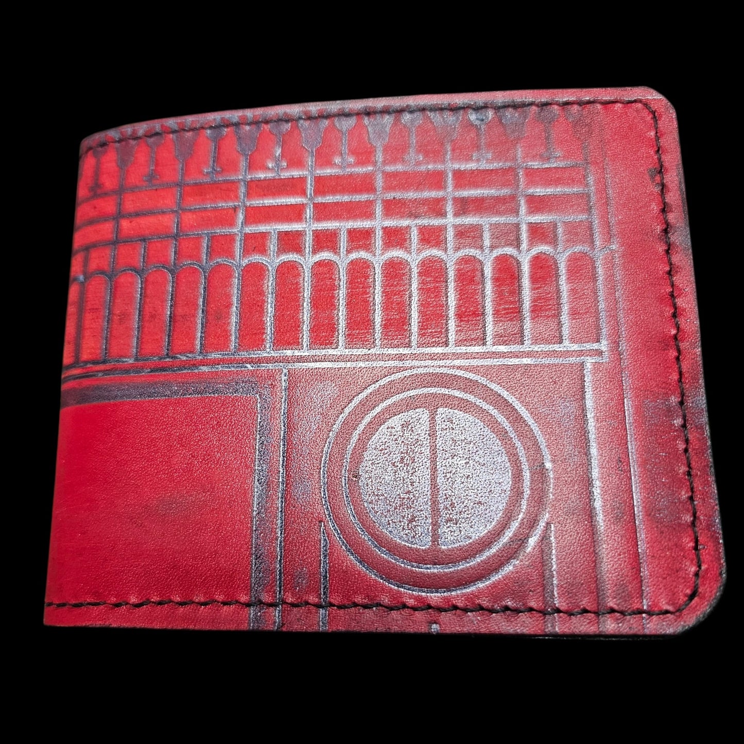 Handmade red leather wallet with Brancusi Gate of the Kiss motif pressed into the leather - AG Design, Arad, Romania