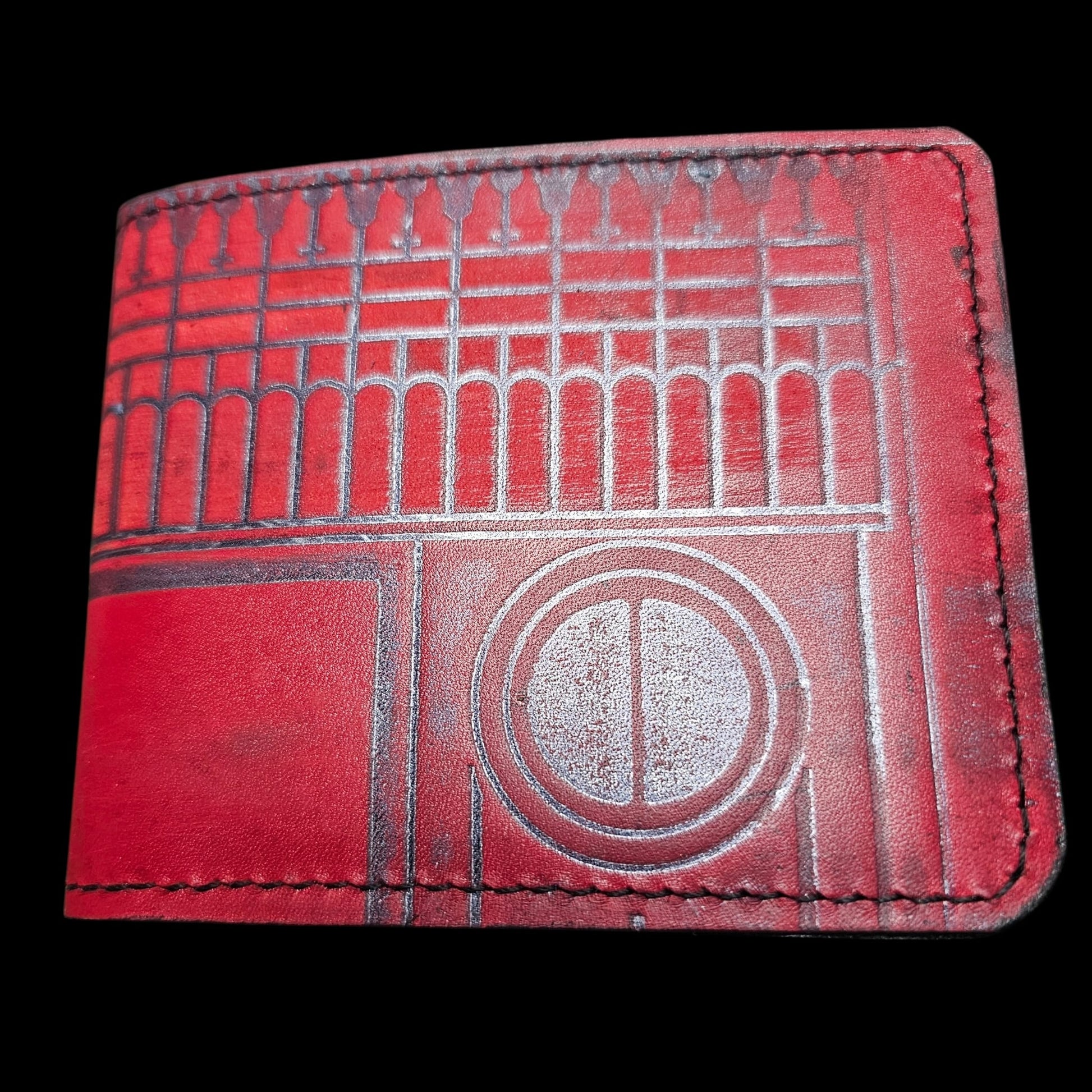 Handmade red leather wallet with Brancusi Gate of the Kiss motif pressed into the leather - AG Design, Arad, Romania