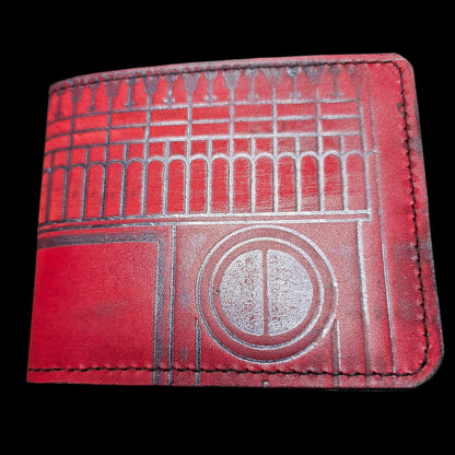 Handmade red leather wallet with Brancusi Gate of the Kiss motif pressed into the leather - AG Design, Arad, Romania