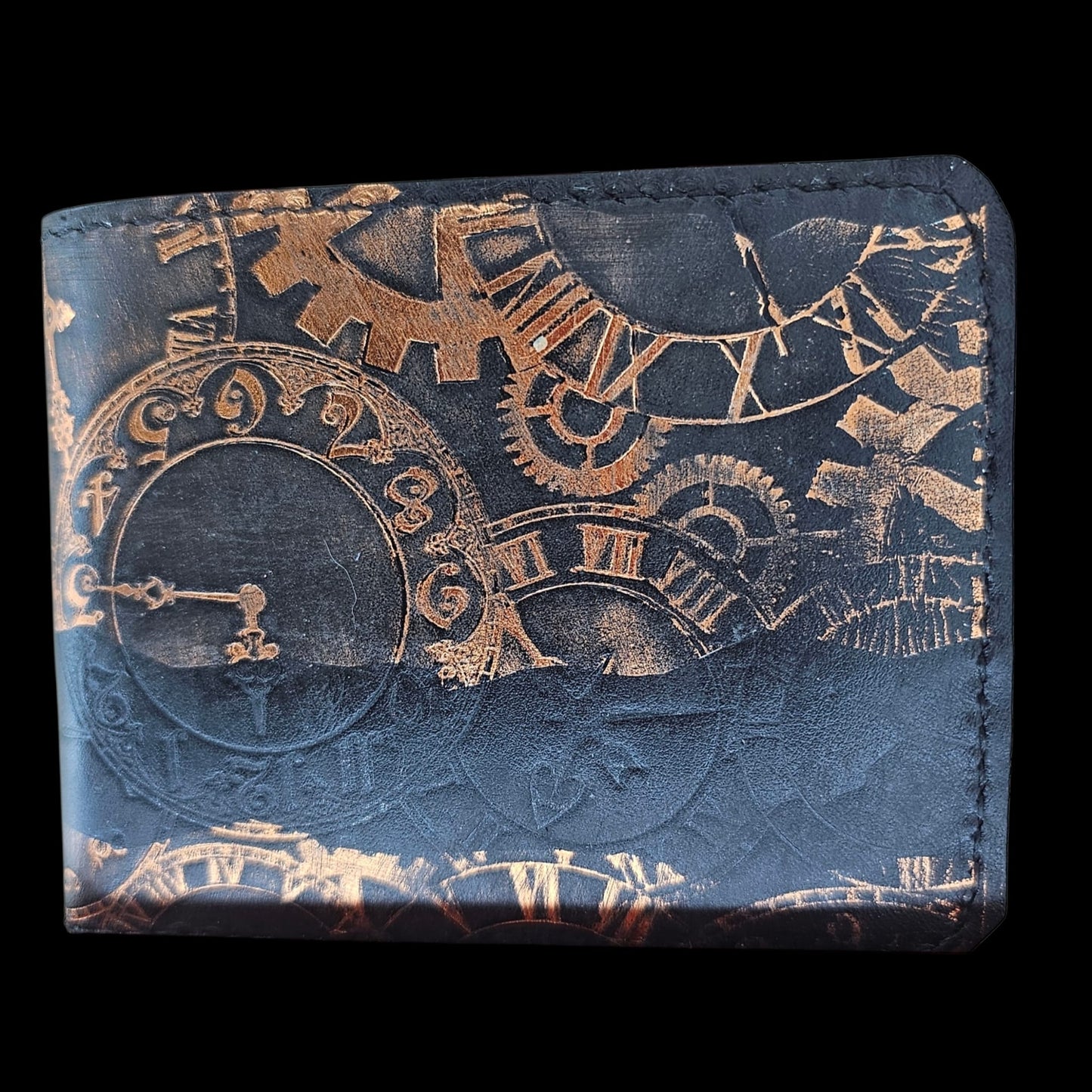 Handmade black leather wallet with copper clock faces and gears pressed into the hide - AG Design, Arad, Romania