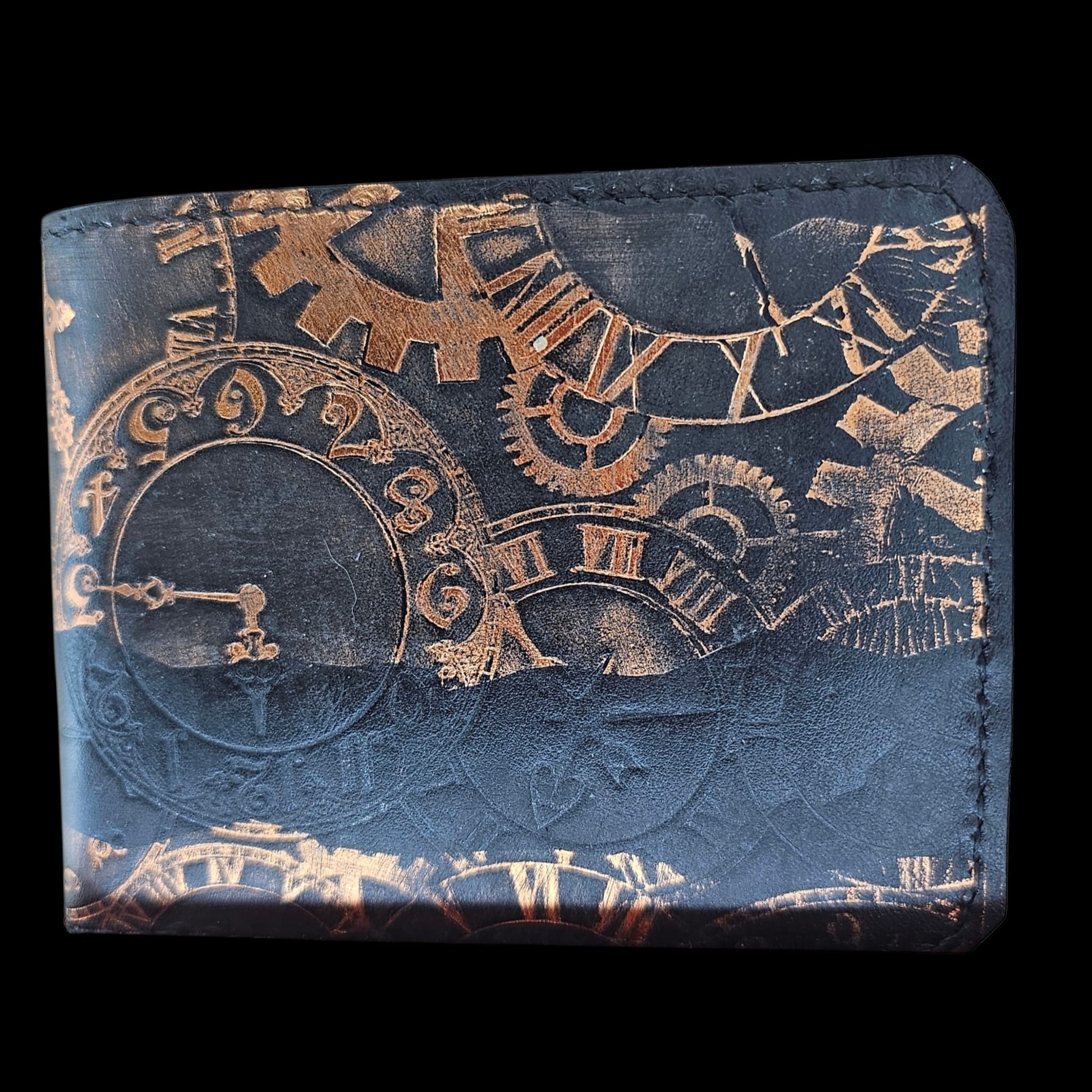 Handmade black leather wallet with copper clock faces and gears pressed into the hide - AG Design, Arad, Romania