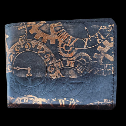 Handmade black leather wallet with copper clock faces and gears pressed into the hide - AG Design, Arad, Romania