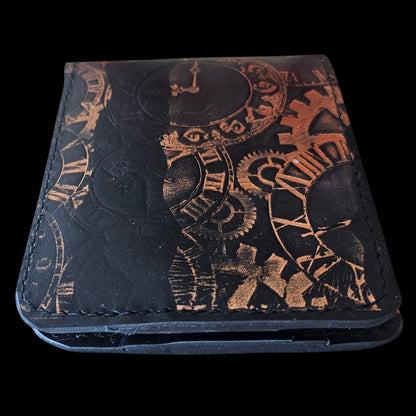 Close-up of copper clockwork and roman numerals worked into black leather - AG Design, Arad, Romania