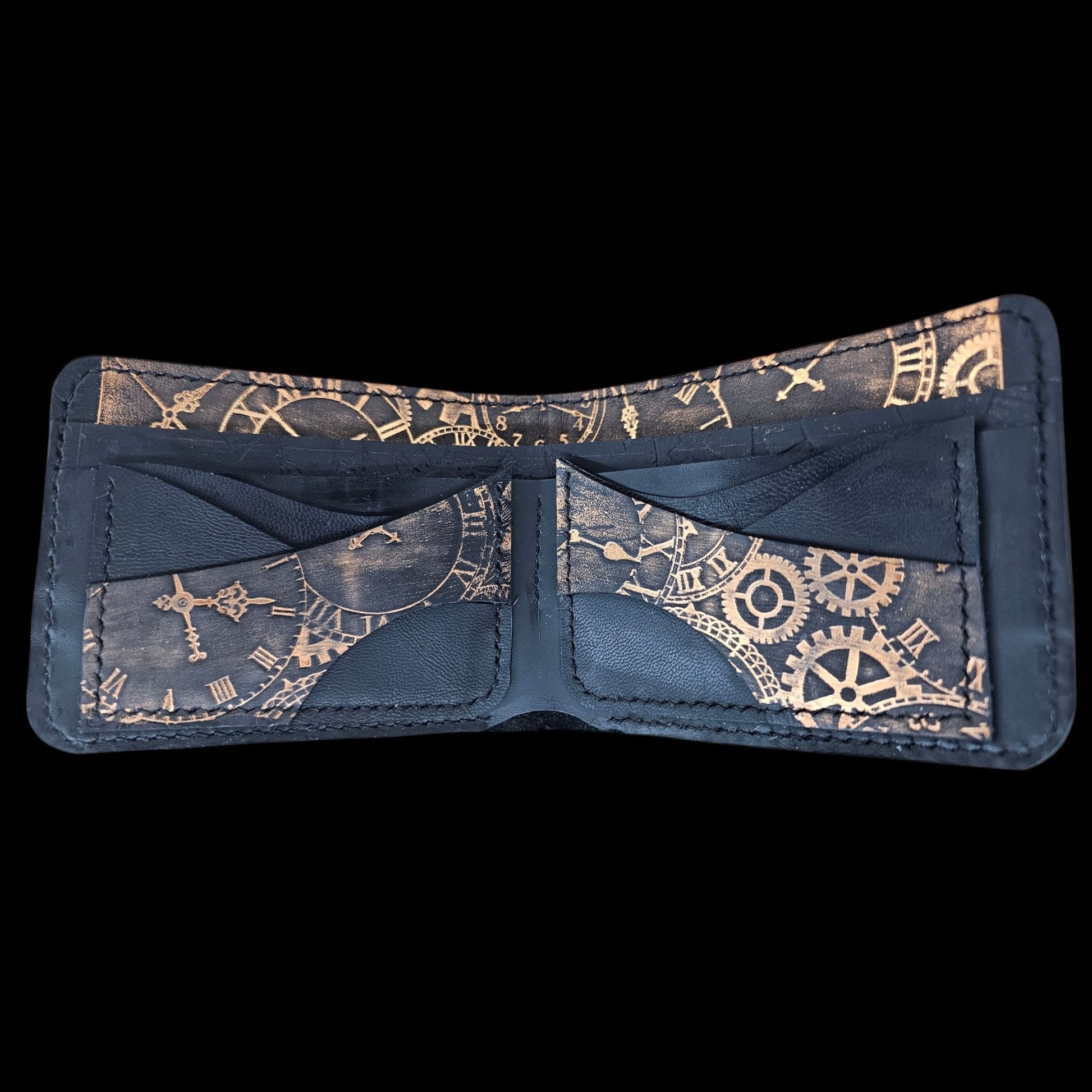 Handmade black leather wallet with copper clockwork and hand-stitched edges - AG Design, Arad, Romania