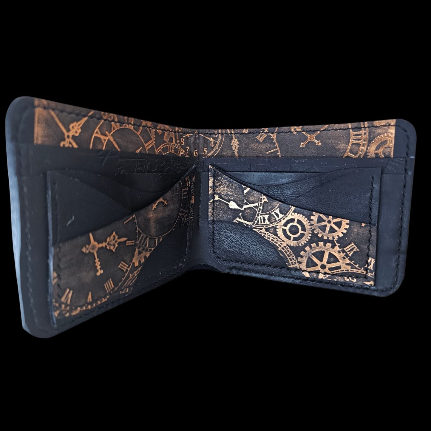 Handmade black leather wallet with copper clockwork, room for the old ID card and notes - AG Design, Arad, Romania