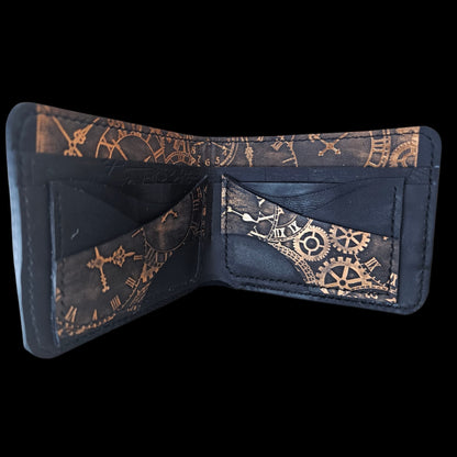 Handmade black leather wallet with copper clockwork, room for the old ID card and notes - AG Design, Arad, Romania