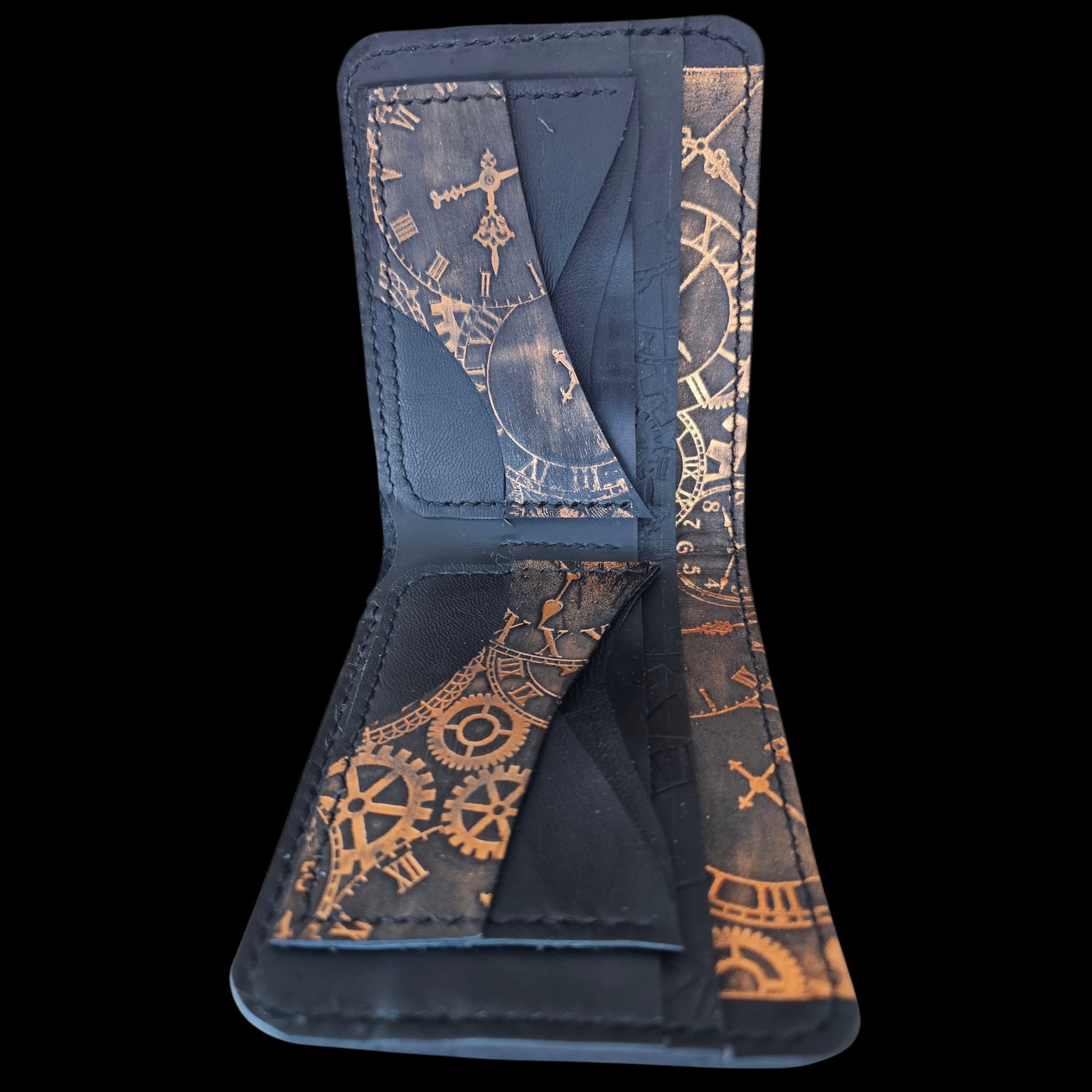 Card slots and interior of a handmade black leather wallet - AG Design, Arad, Romania