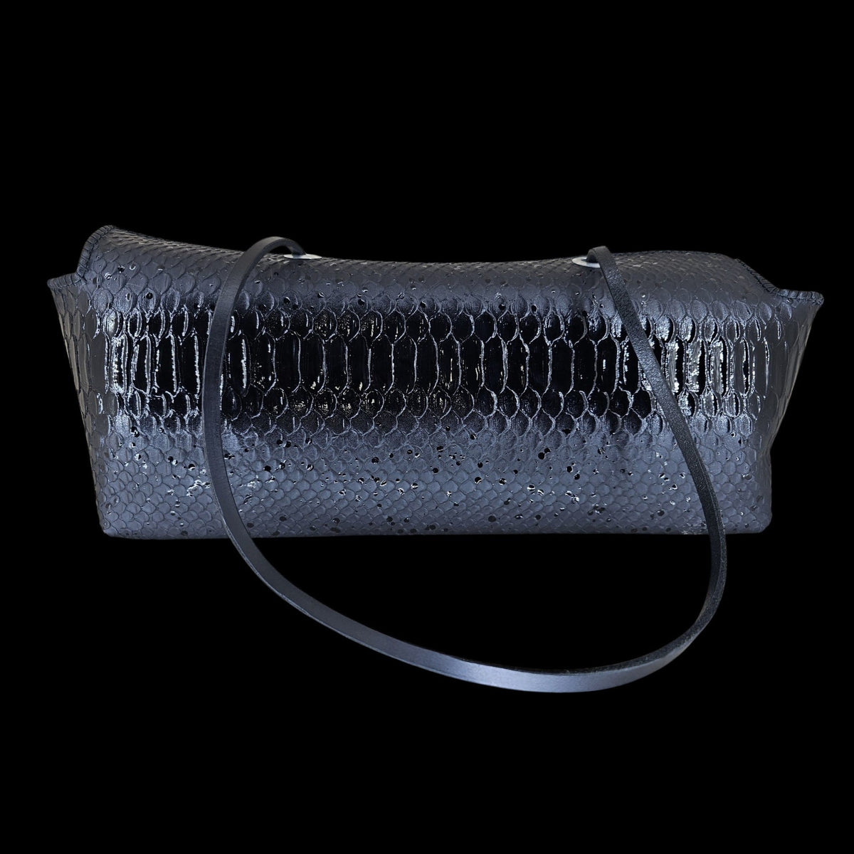 Handmade black snake-embossed leather shoulder bag, glossy along the middle and matte at the edges, on a black background - AG Design, Arad, Romania