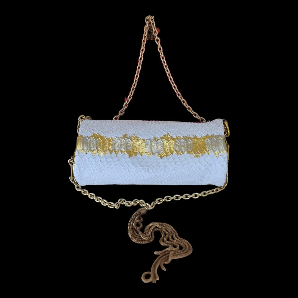 Front of the handmade white crocodile-embossed leather barrel bag crossed by a wave of gold scales - AG Design, Arad, Romania